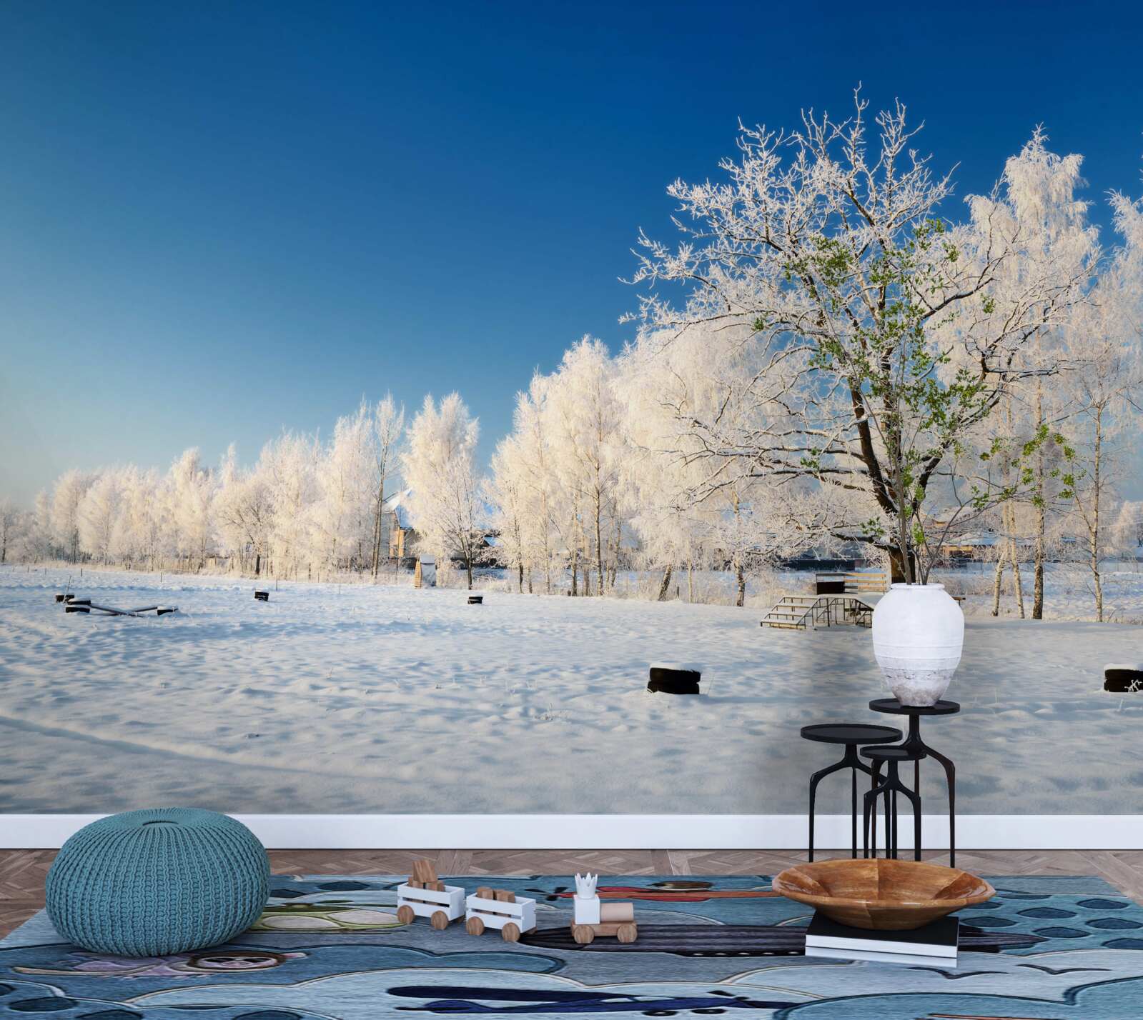 Carta da parati inverno da favola sullo sfondo di un cielo azzurro
