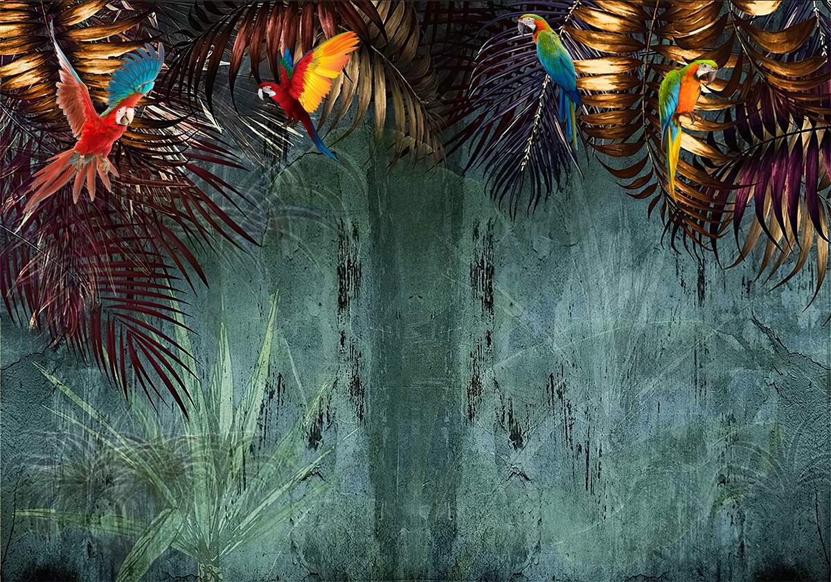 Carta da parati la sera i pappagalli siedono su foglie tropicali