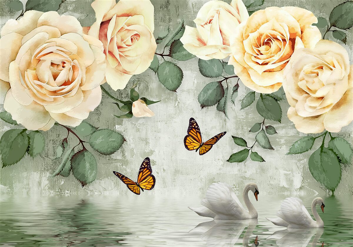 Carta da parati rose color crema con farfalle nelle vicinanze