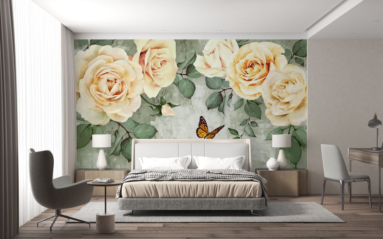 Carta da parati rose color crema con farfalle nelle vicinanze