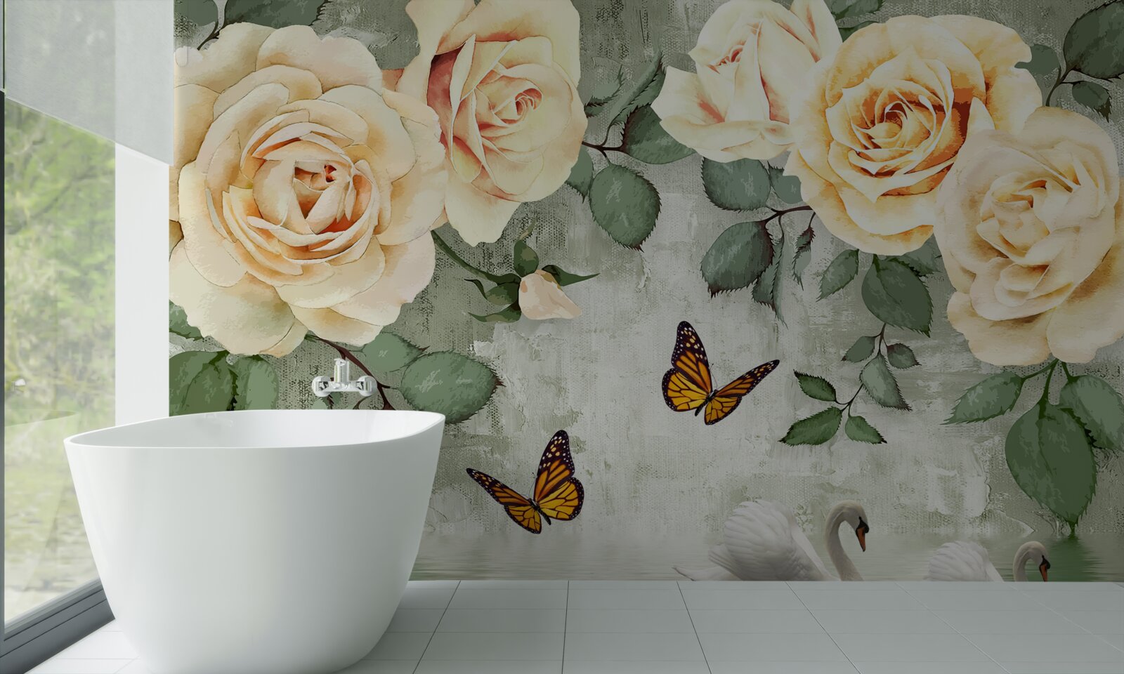 Carta da parati rose color crema con farfalle nelle vicinanze