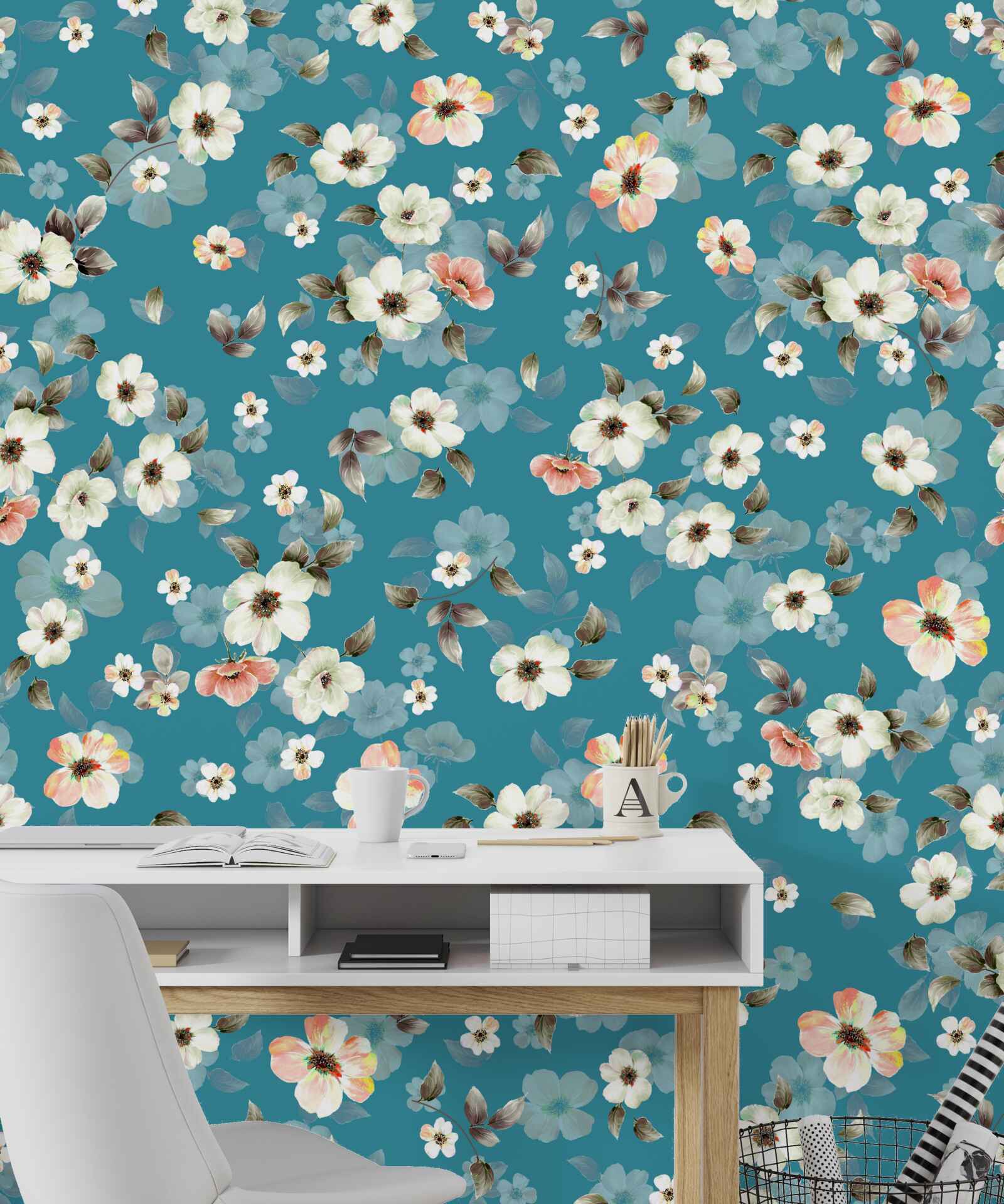 Carta da parati piccoli fiori su base blu