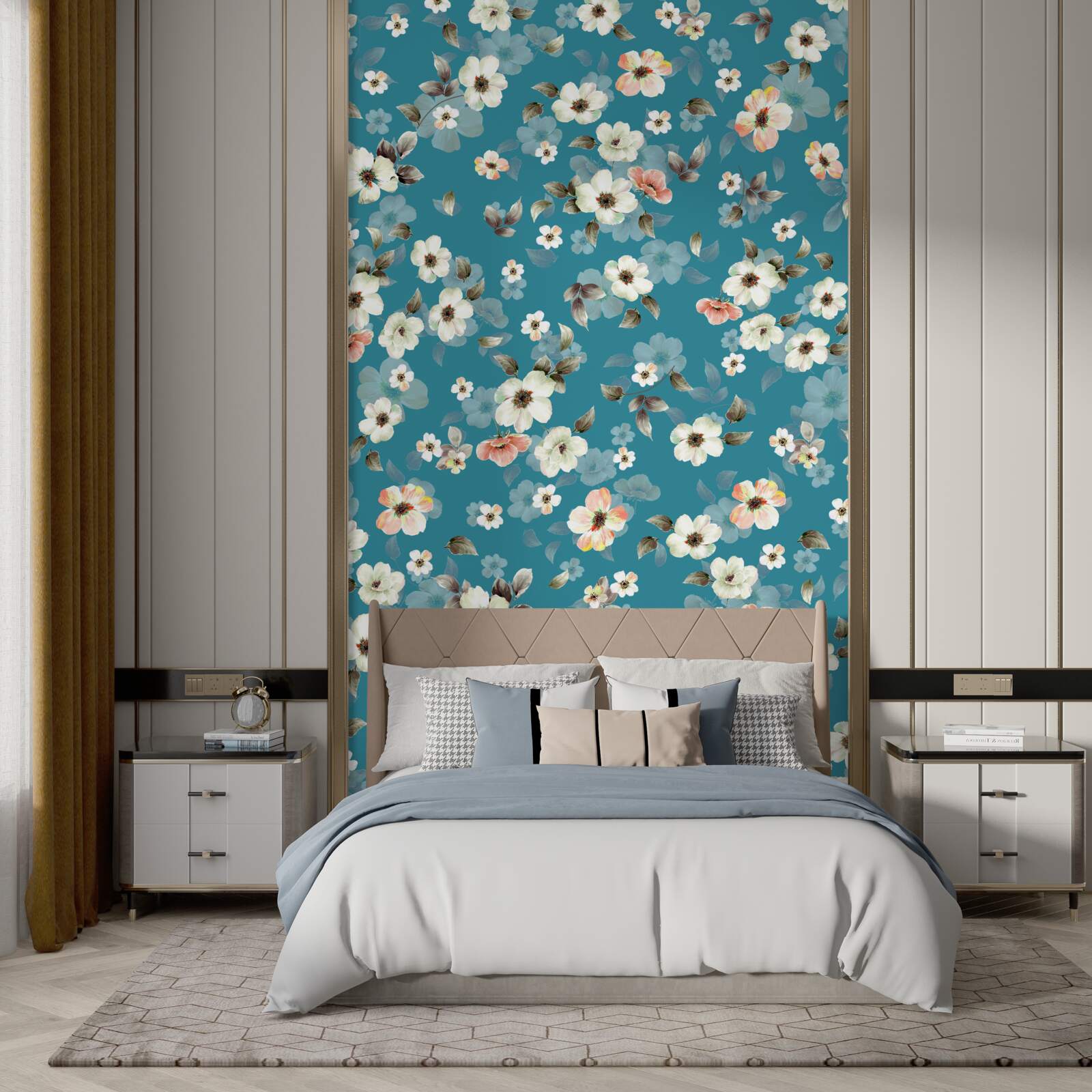 Carta da parati piccoli fiori su base blu