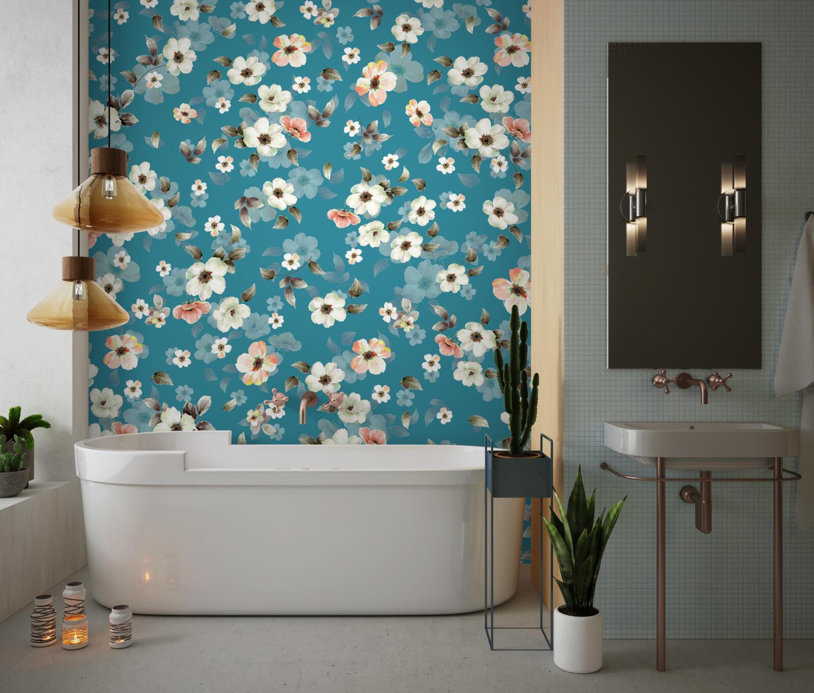 Carta da parati piccoli fiori su base blu