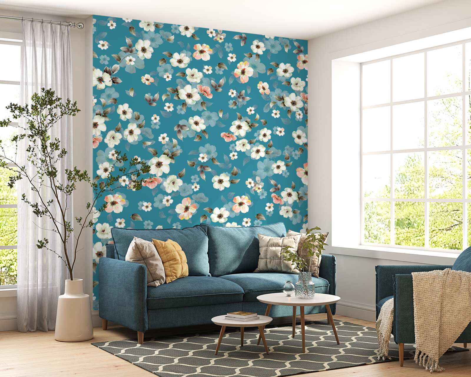 Carta da parati piccoli fiori su base blu