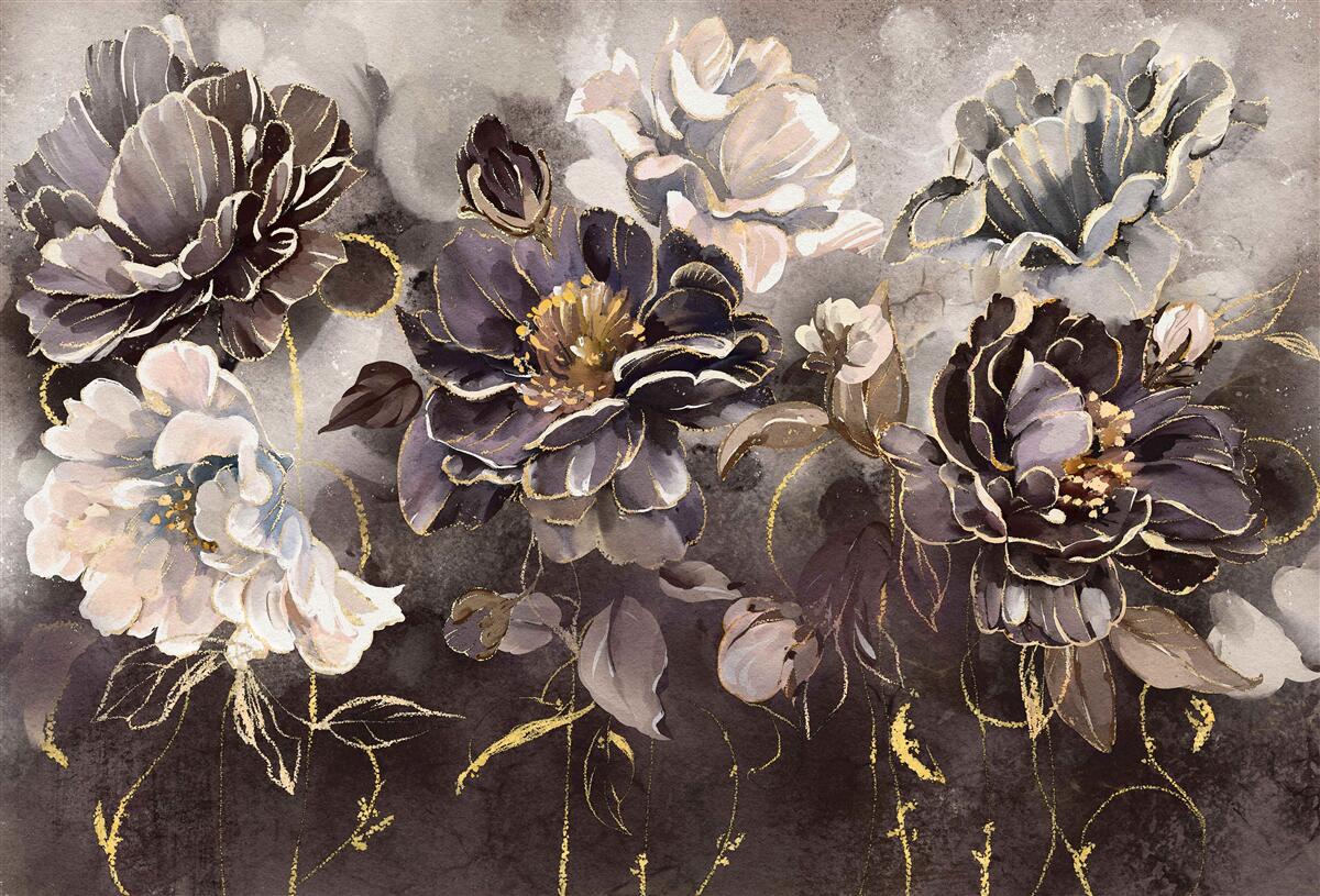 Carta da parati peonie in bianco e nero