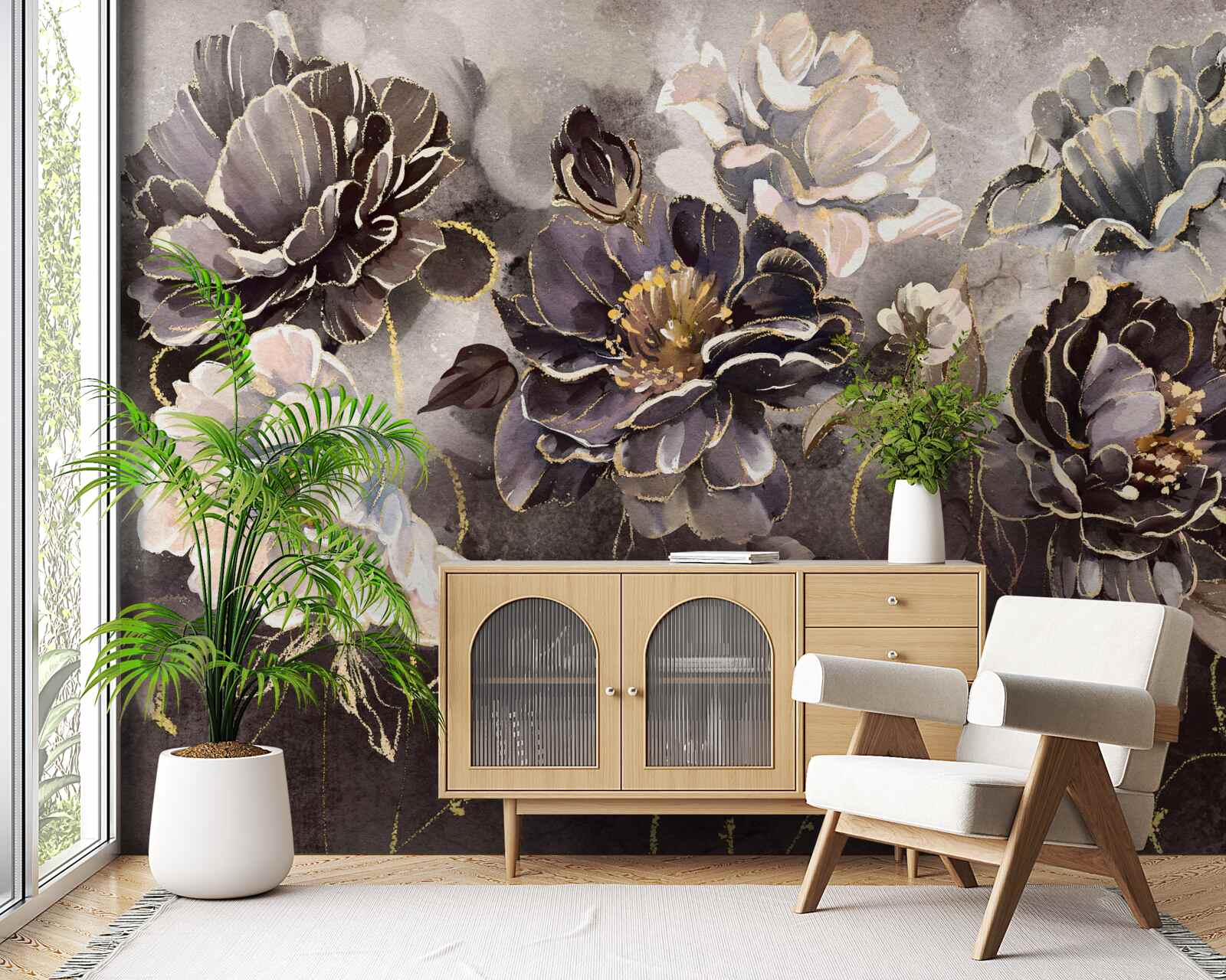 Carta da parati peonie in bianco e nero