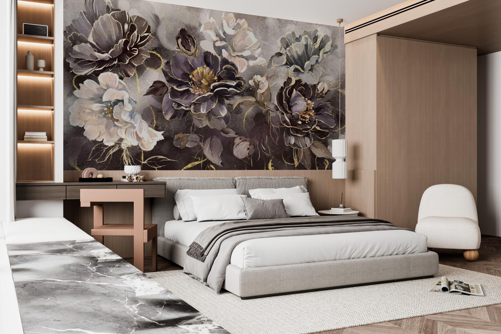 Carta da parati peonie in bianco e nero