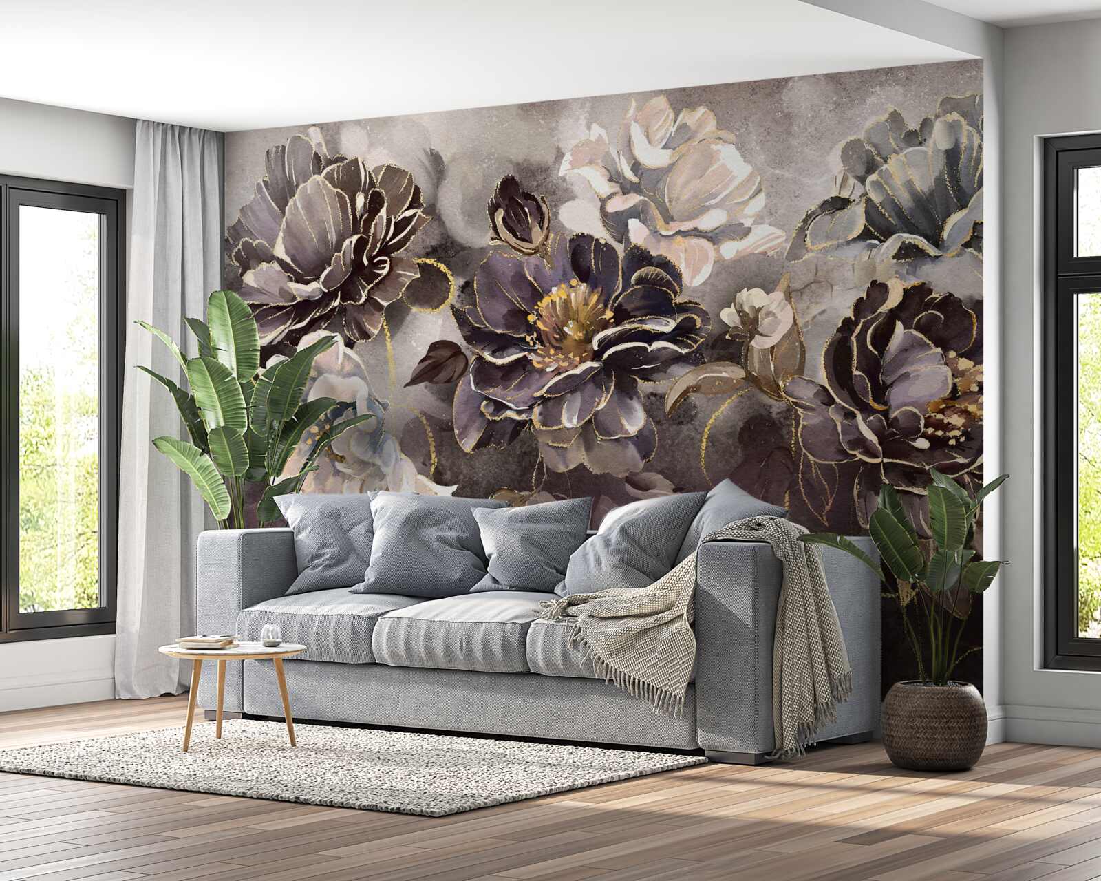 Carta da parati peonie in bianco e nero