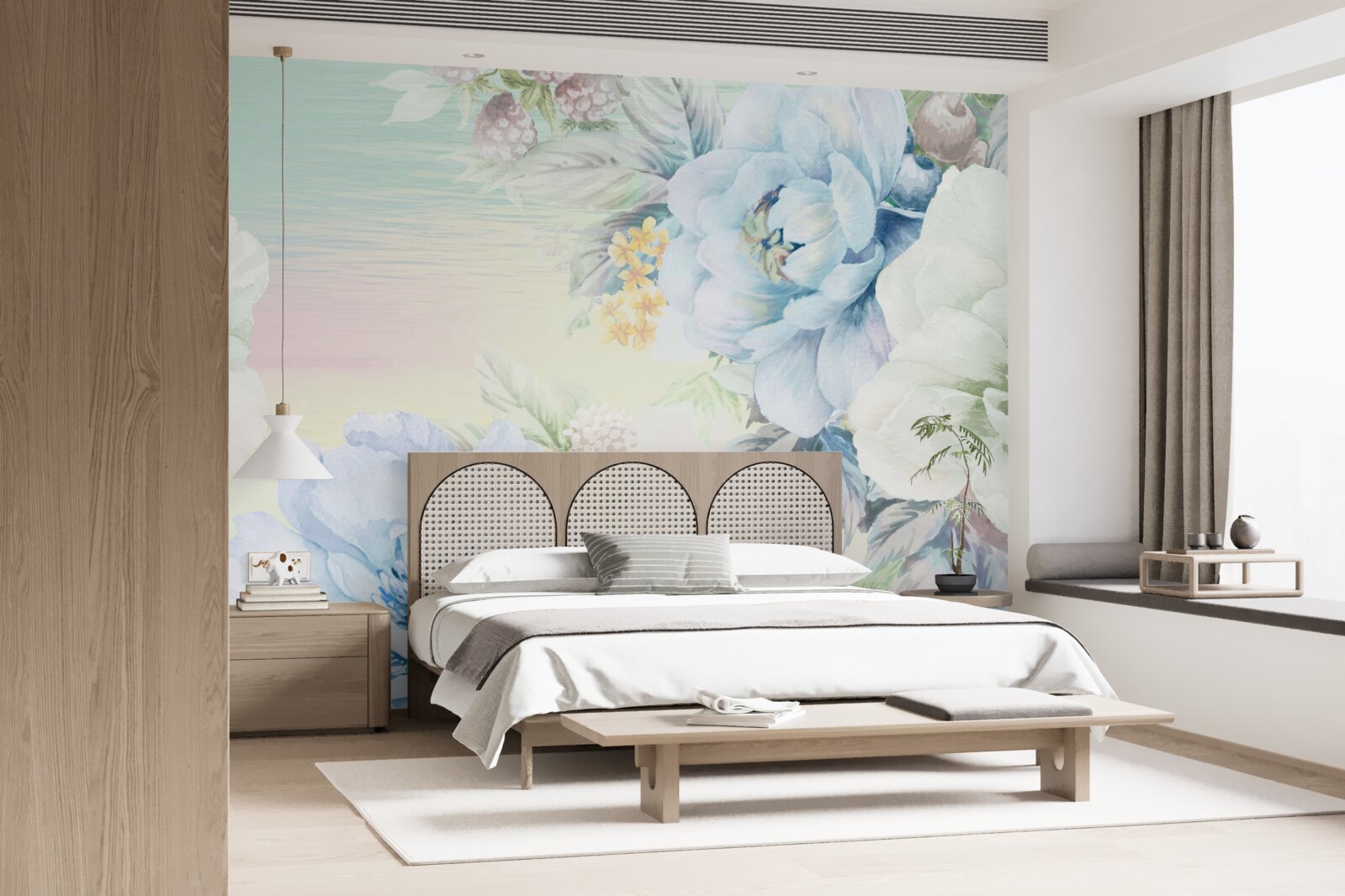 Carta da parati fiori nei toni del bianco e del blu