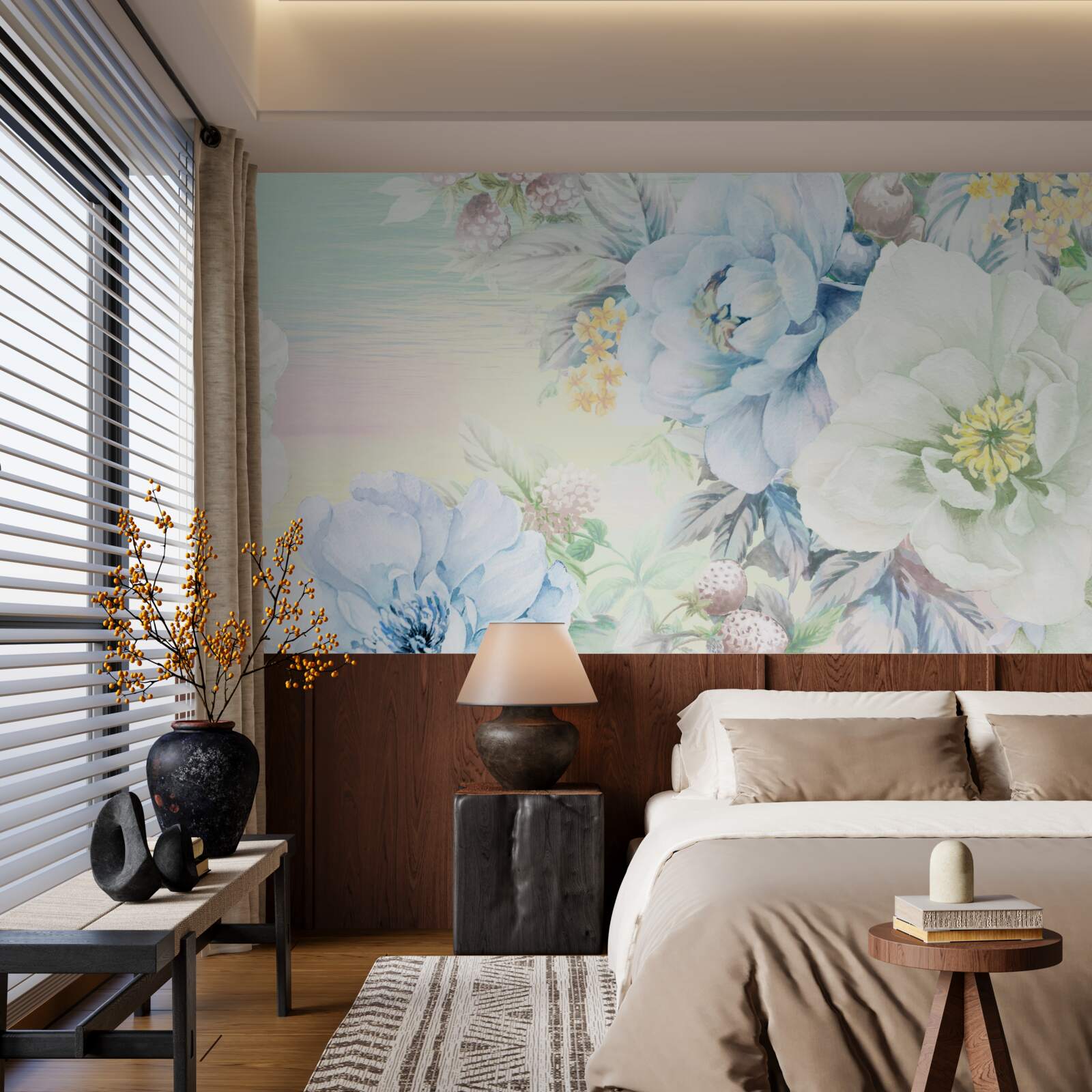 Carta da parati fiori nei toni del bianco e del blu