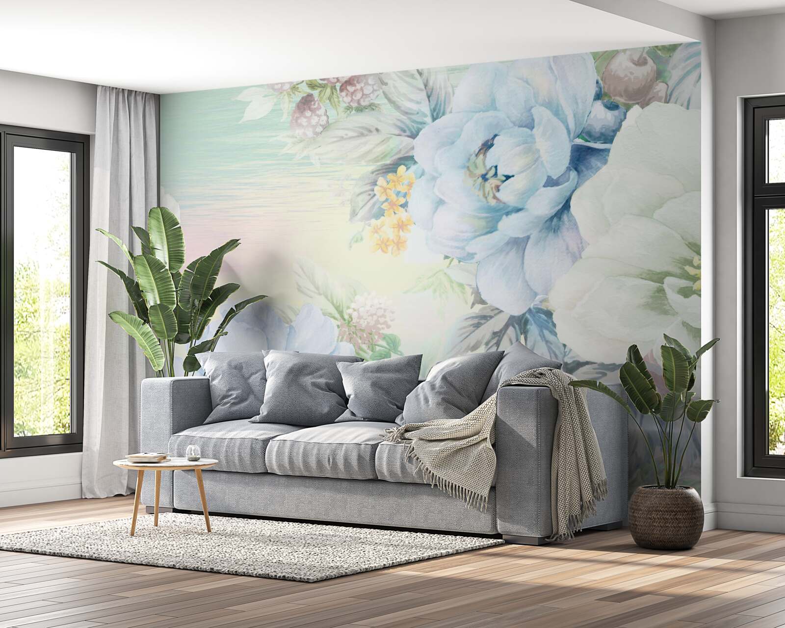 Carta da parati fiori nei toni del bianco e del blu