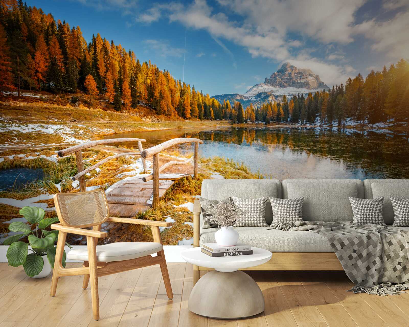 Carta da parati paesaggio autunnale con una montagna all'orizzonte