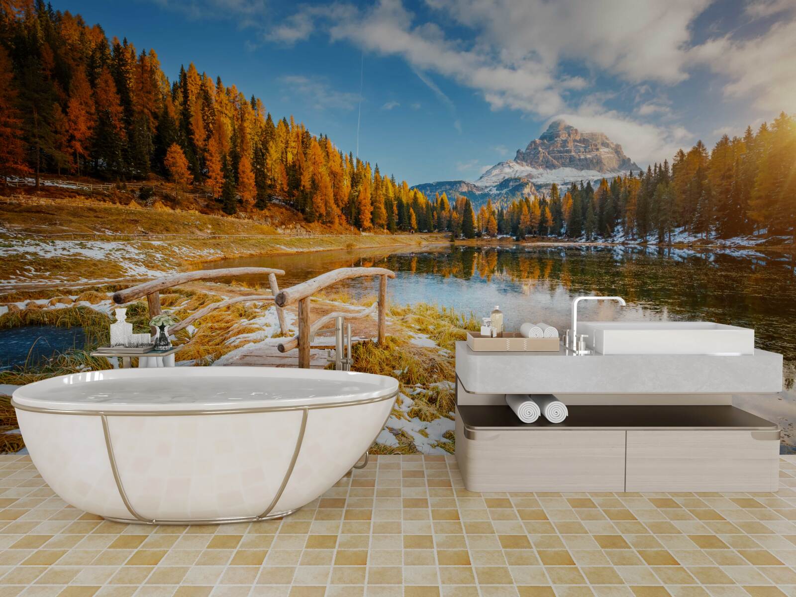 Carta da parati paesaggio autunnale con una montagna all'orizzonte