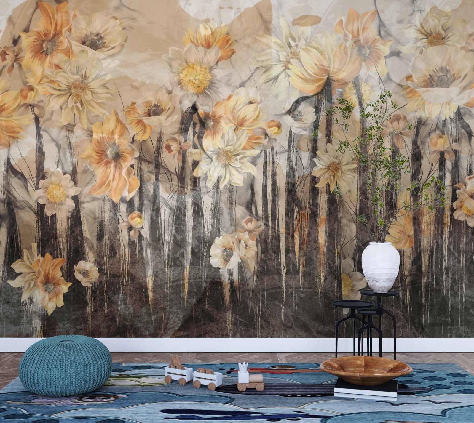 Carta da parati Fiori in stile vintage su sfondo grigio