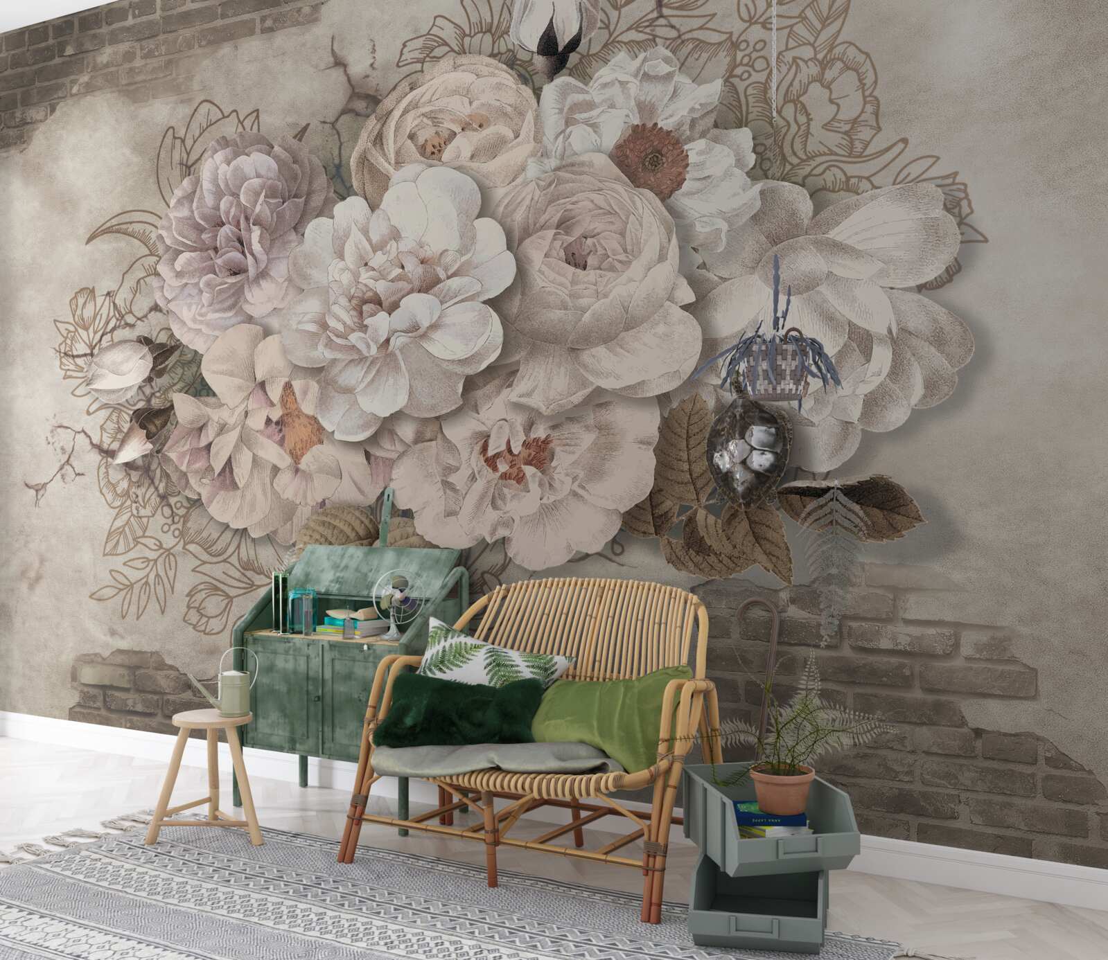Carta da parati magnifiche rose di grandi dimensioni su un muro di mattoni