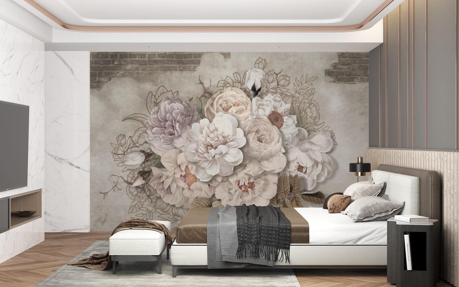 Carta da parati magnifiche rose di grandi dimensioni su un muro di mattoni