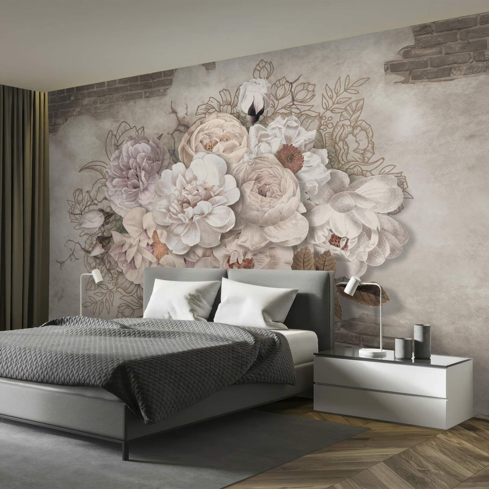 Carta da parati magnifiche rose di grandi dimensioni su un muro di mattoni