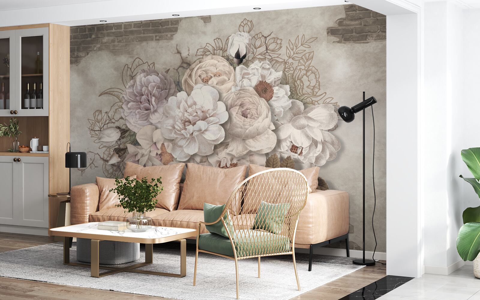 Carta da parati magnifiche rose di grandi dimensioni su un muro di mattoni