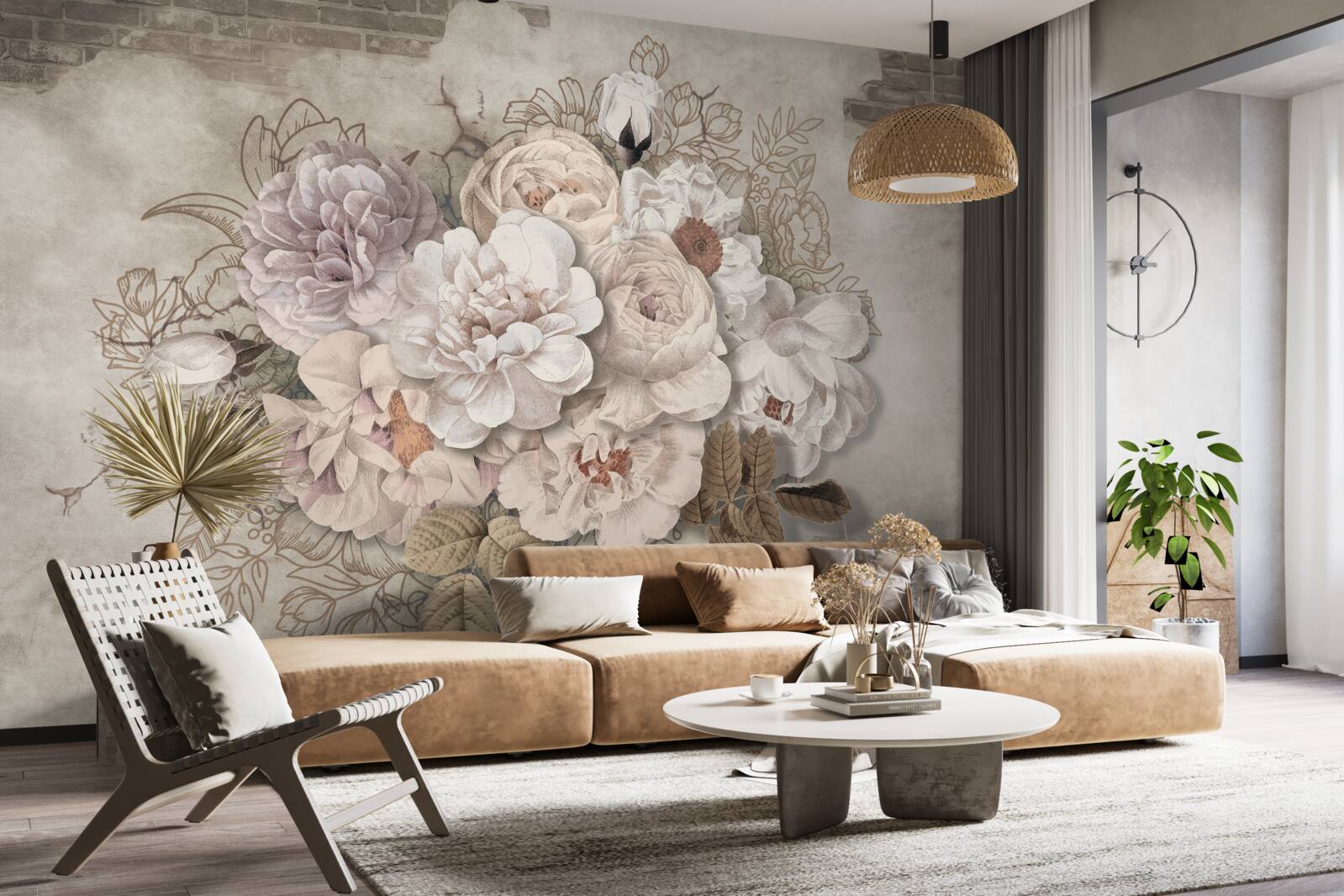 Carta da parati magnifiche rose di grandi dimensioni su un muro di mattoni