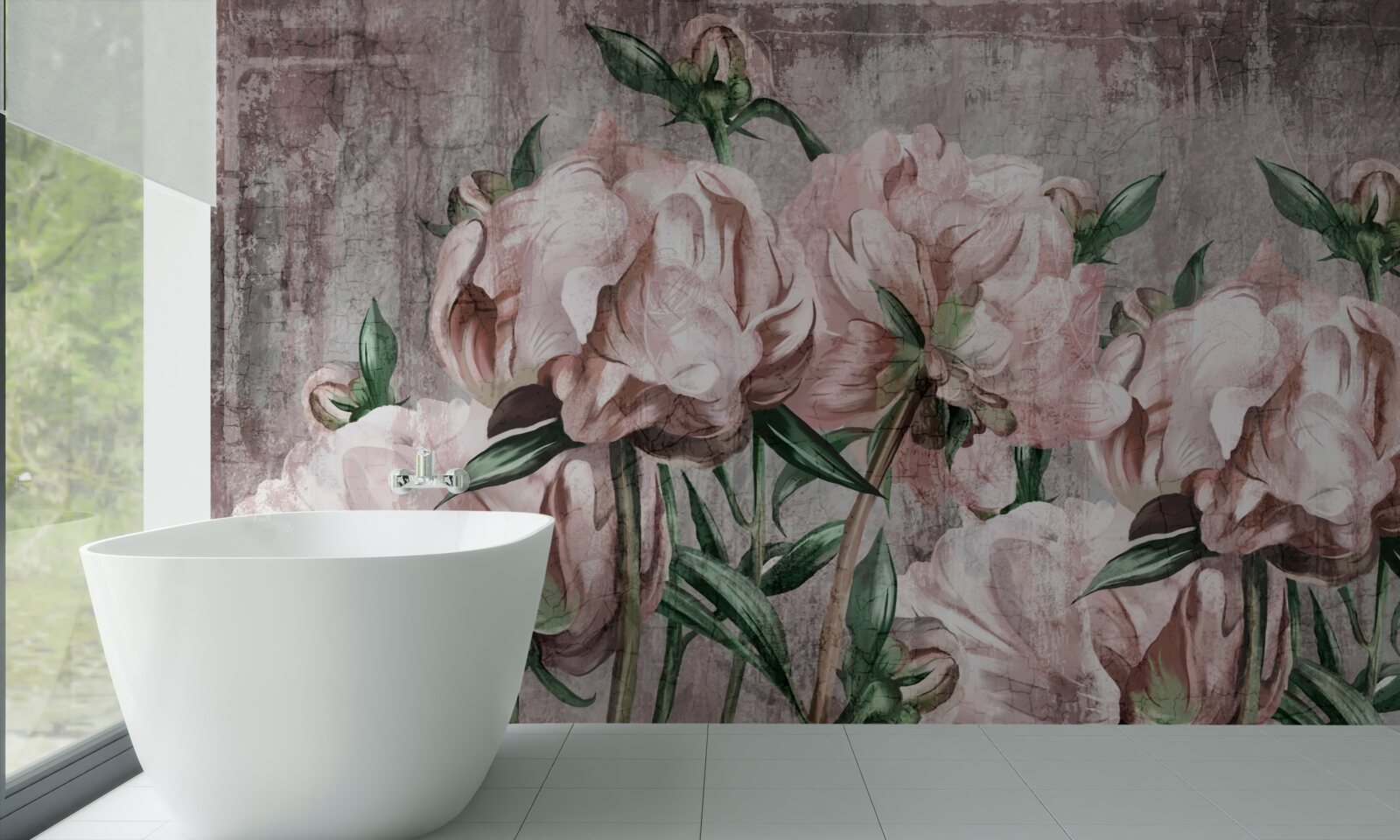 Carta da parati la parete in cemento è decorata con rose pastello