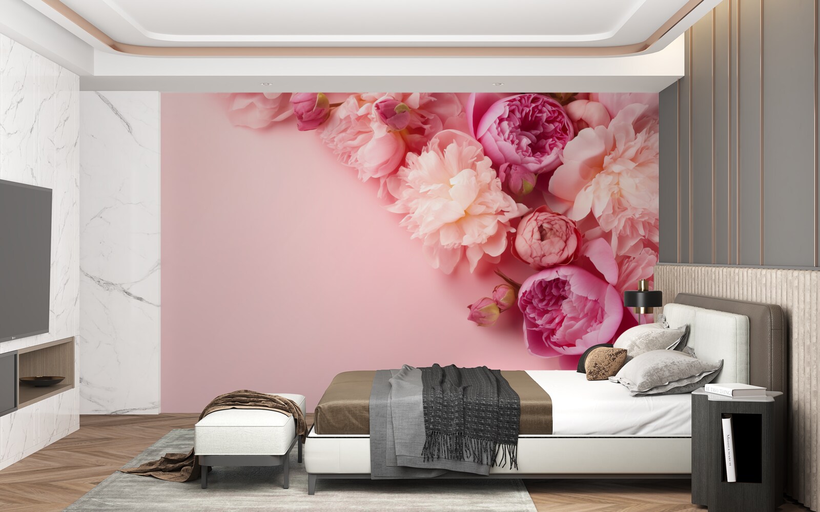 Carta da parati diversi fiori rosa su uno sfondo della stessa tonalità