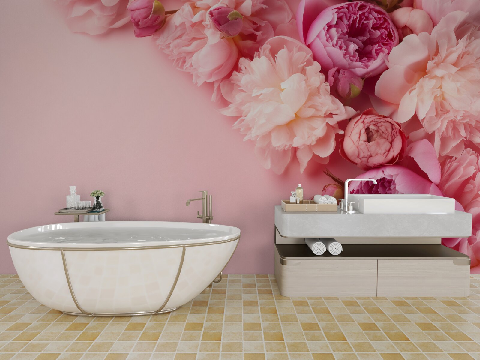 Carta da parati diversi fiori rosa su uno sfondo della stessa tonalità