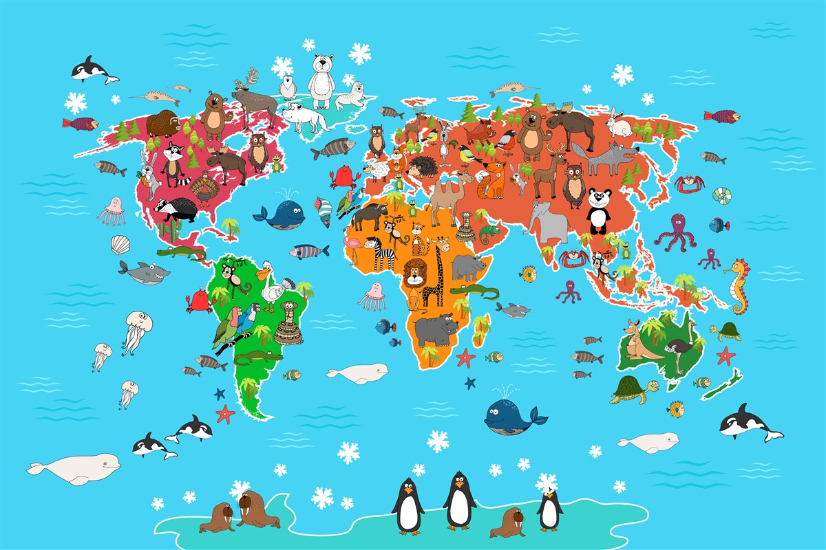 Carta da parati una grande varietà di animali su una mappa del mondo con dettagli vividi