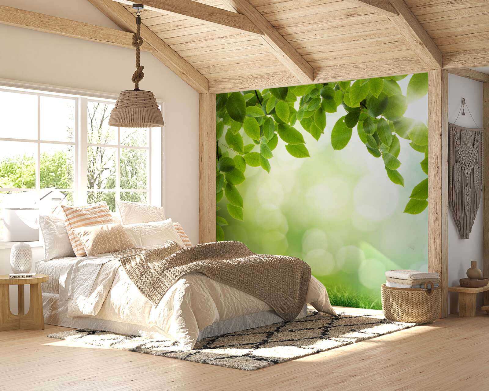 Carta da parati il sole nella sua luminosità e le foglie decorate con gocce verdi