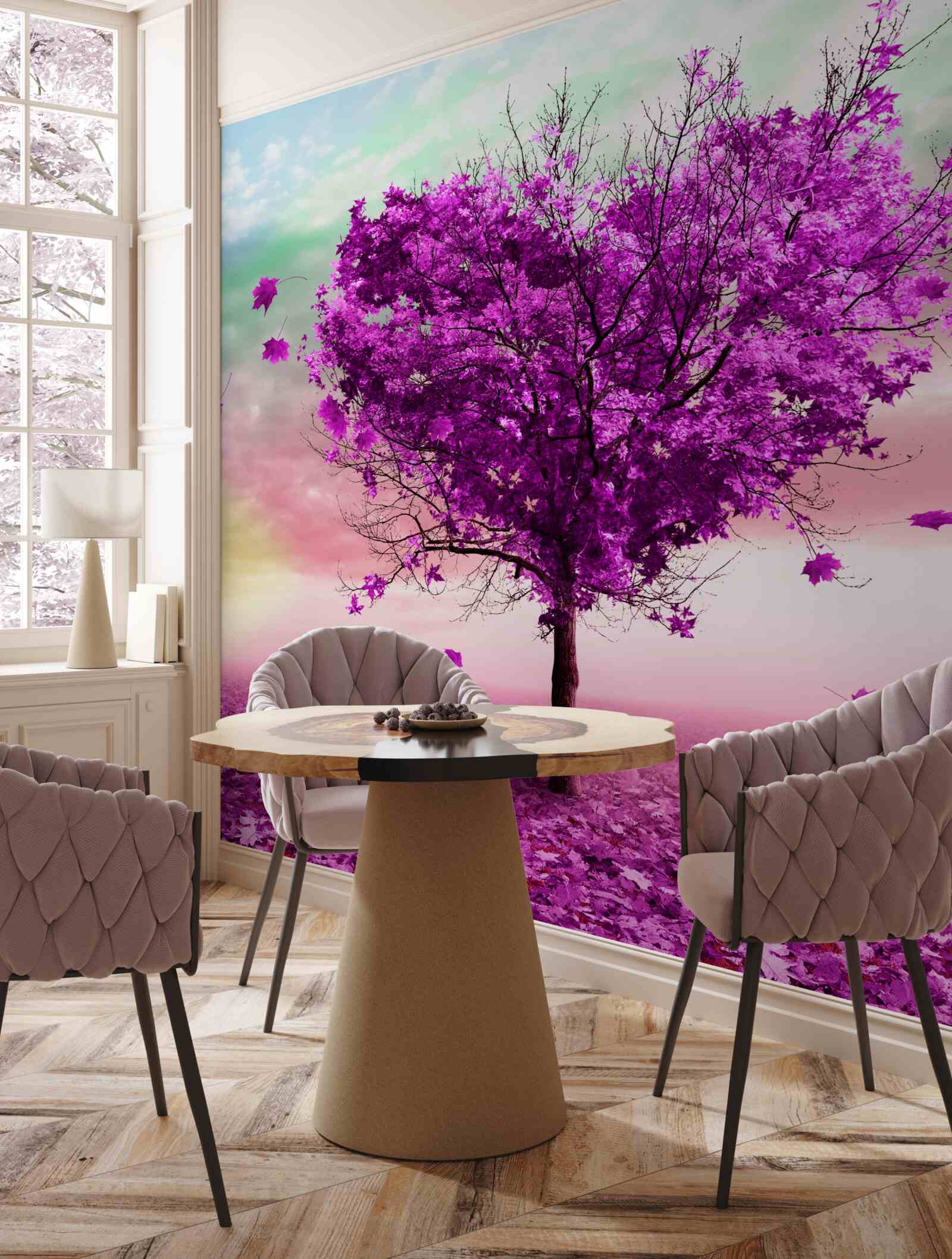 Carta da parati l'albero a forma di cuore è dipinto di viola