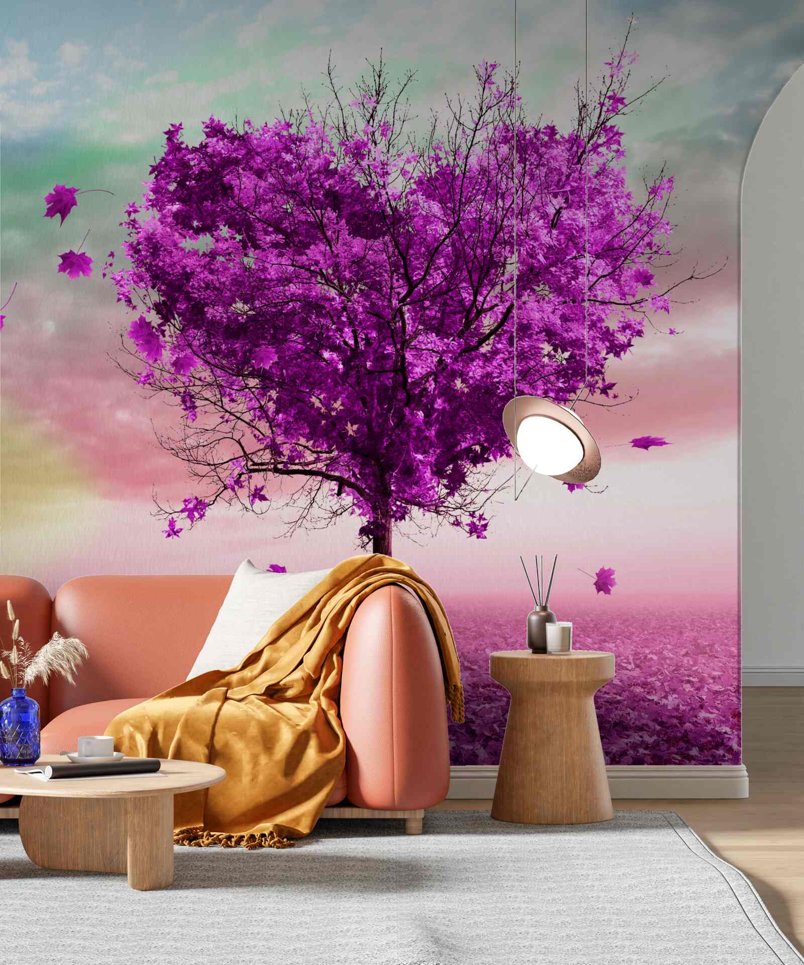 Carta da parati l'albero a forma di cuore è dipinto di viola