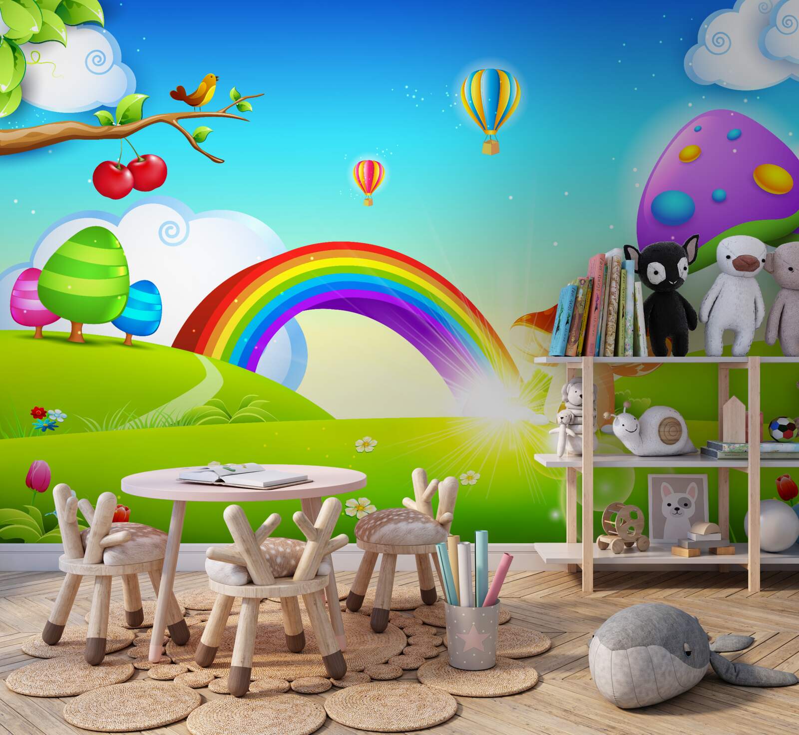 Carta da parati un fantastico prato sotto un luminoso arcobaleno