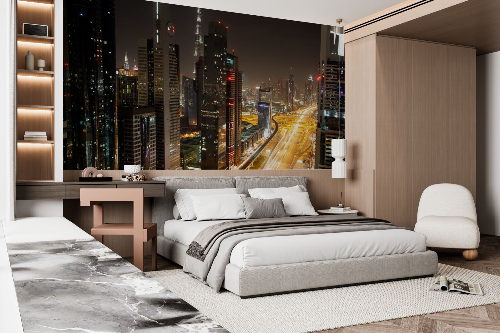 Carta da parati il viale della notte è circondato da edifici residenziali a più piani