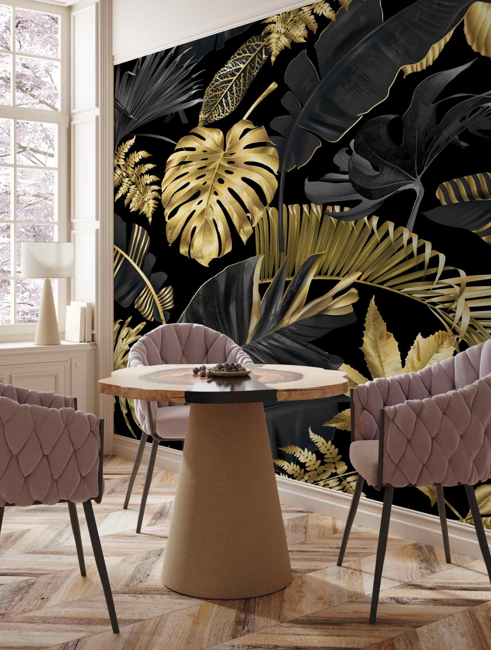Carta da parati foglie tropicali in nero e oro