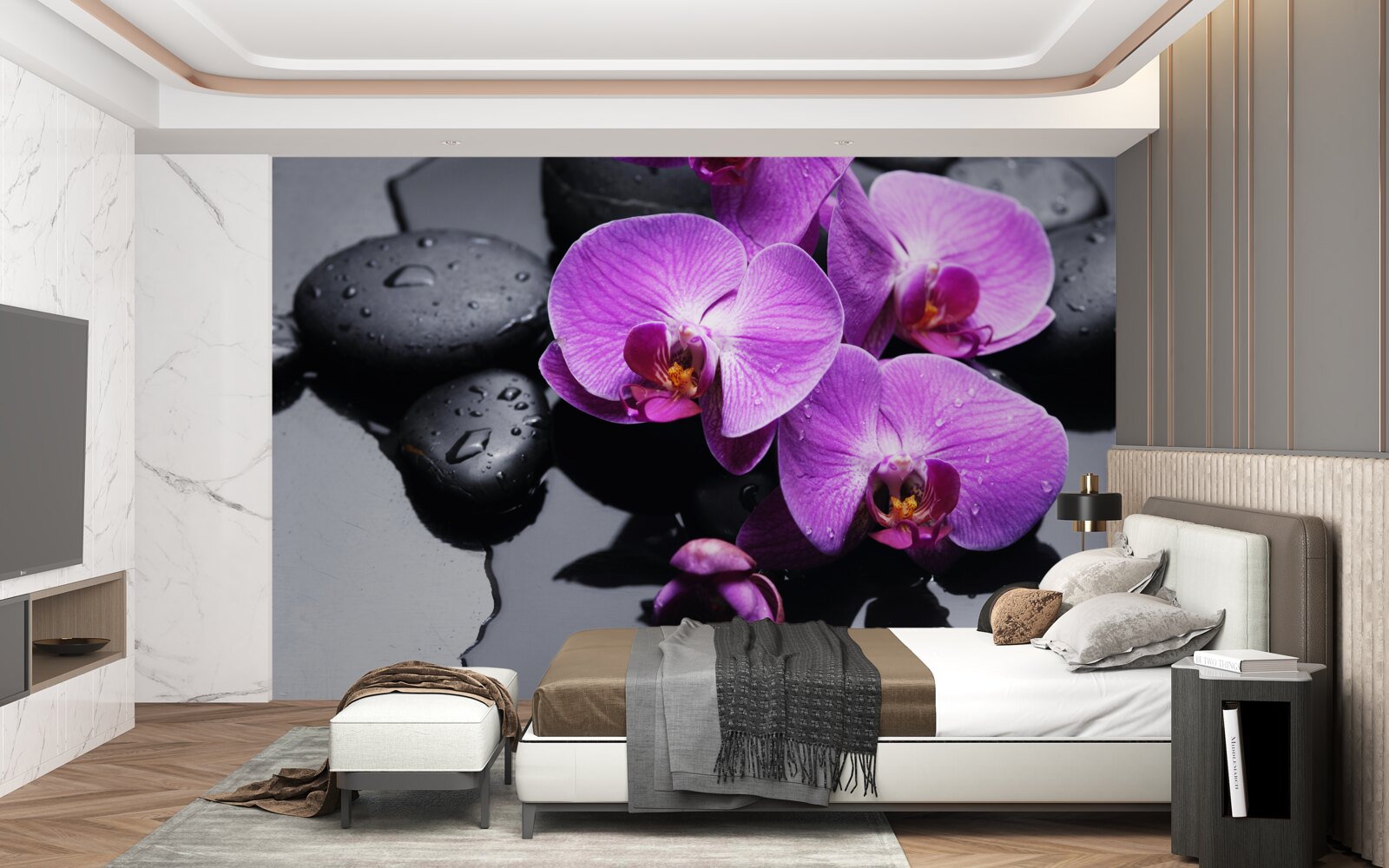 Fototapeta fioletowa orchidea otoczona wodą i kamieniami