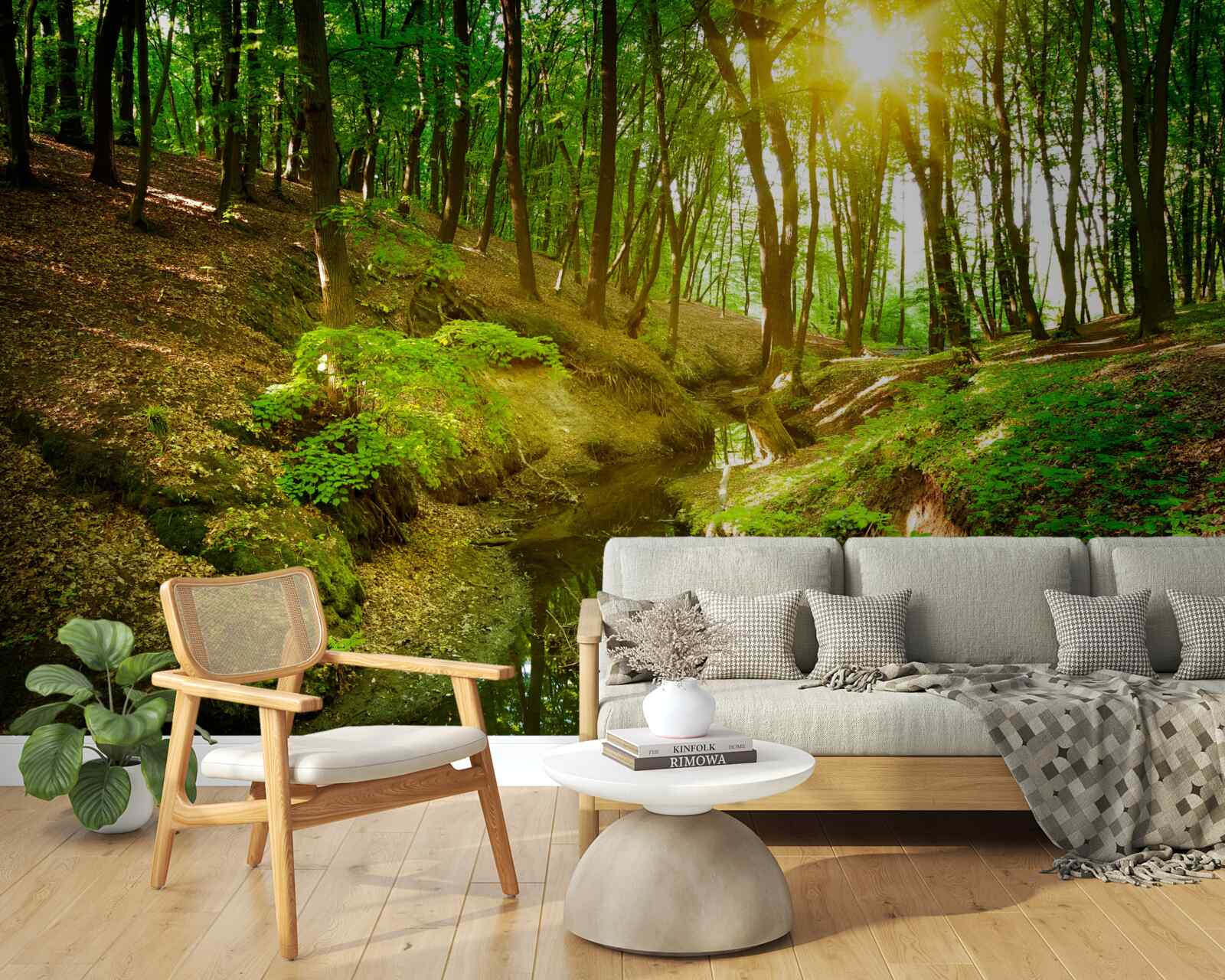 Carta da parati la luce del sole del mattino in una foresta verde piena di foglie