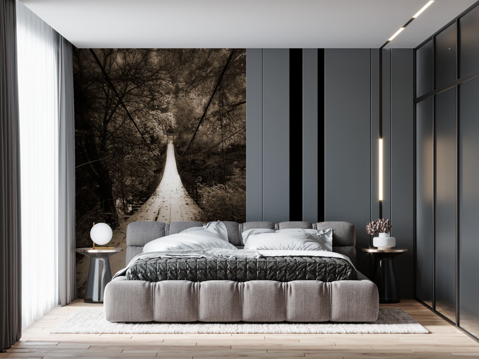 Carta da parati ponte di legno che collega il laghetto nell'area forestale