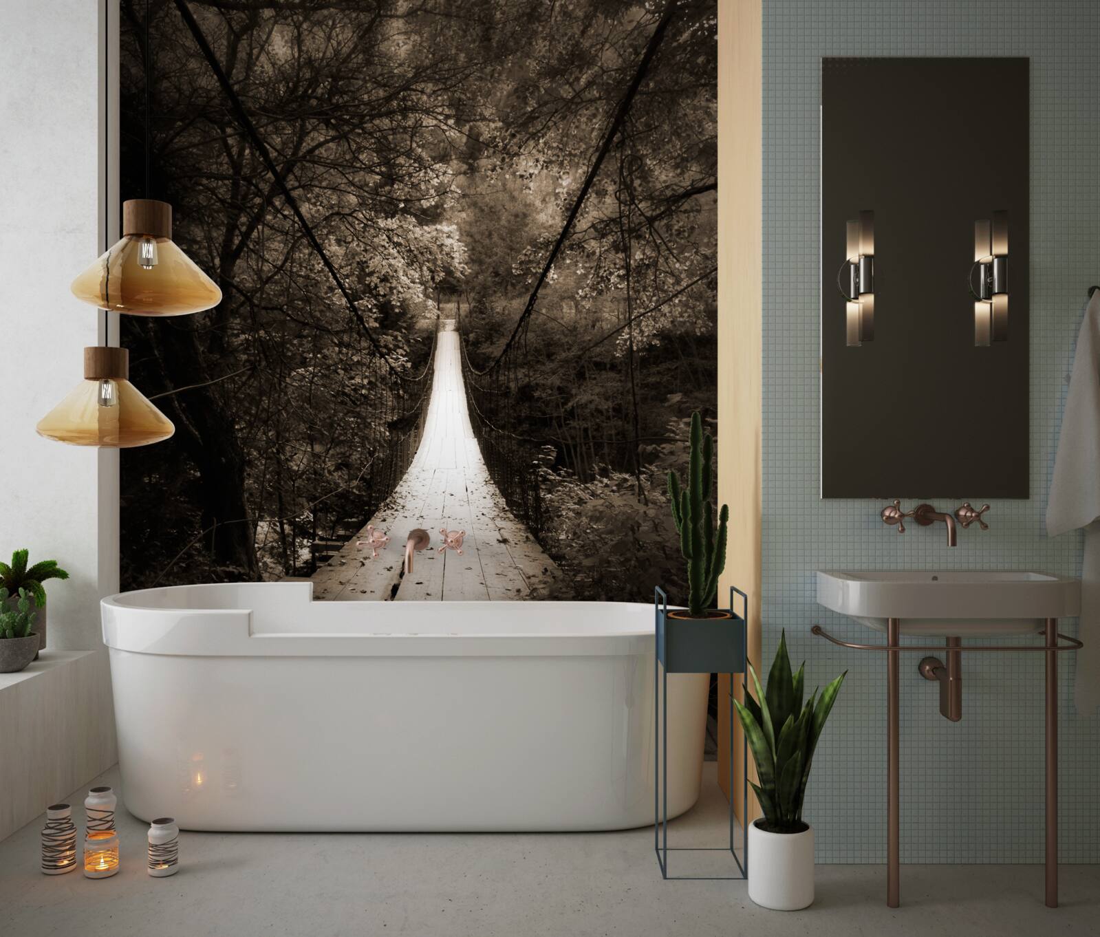 Carta da parati ponte di legno che collega il laghetto nell'area forestale