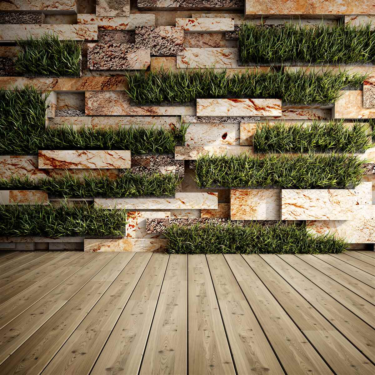 Carta da parati muro di pietra decorato con piante verdi