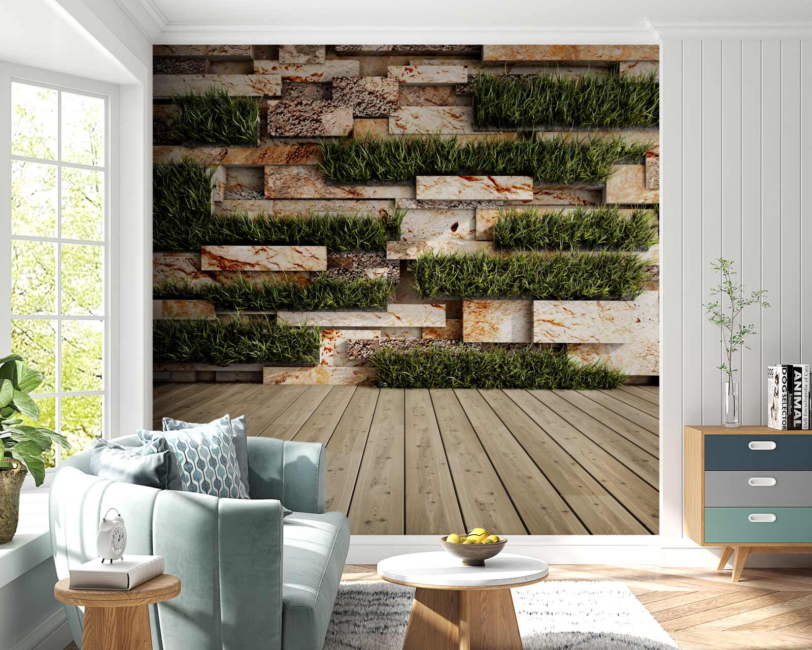 Carta da parati muro di pietra decorato con piante verdi