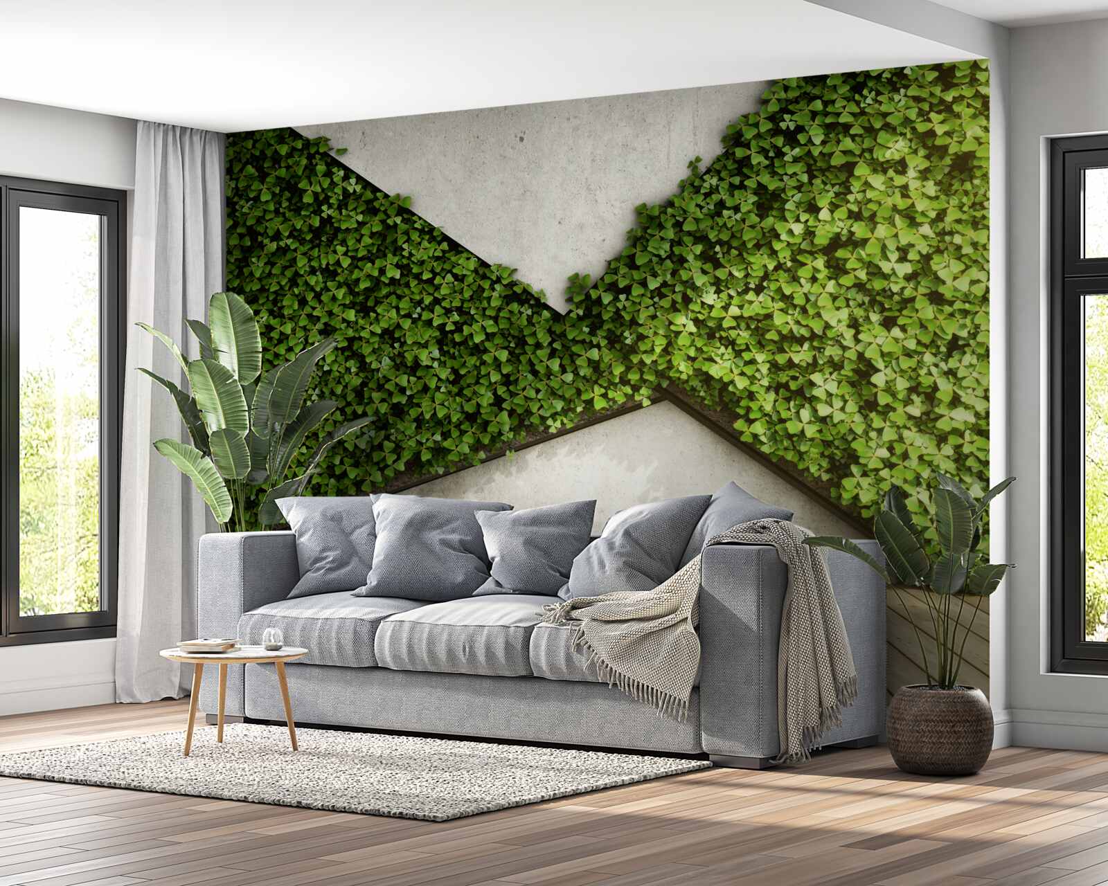 Carta da parati pavimento in parquet e parete decorata con piante vive