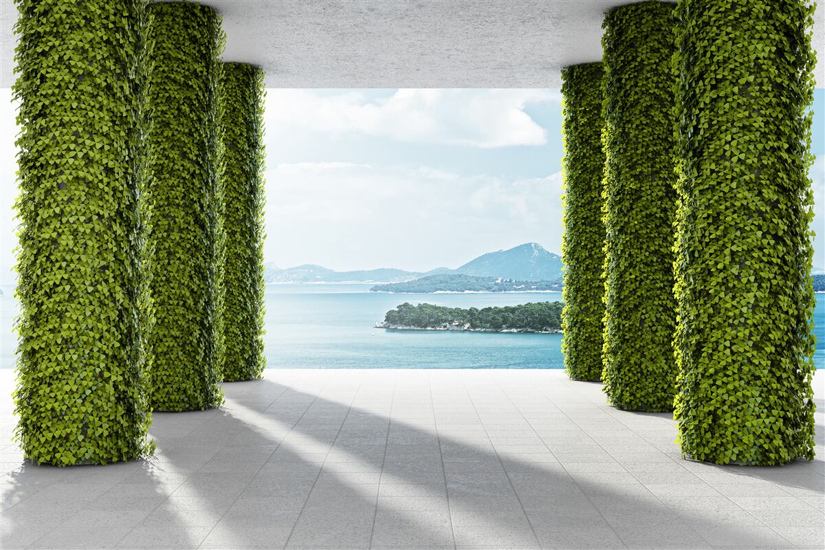 Carta da parati colonnato tra il verde che porta al mare