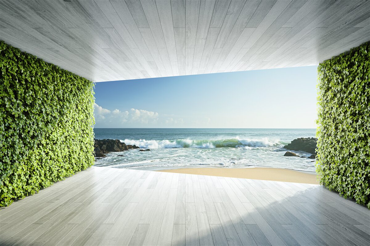 Carta da parati elegante balcone nei toni del verde con vista sulla costa