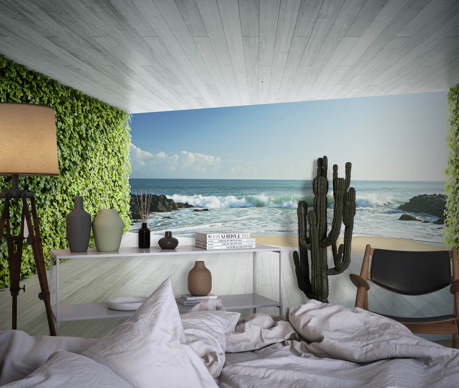 Carta da parati elegante balcone nei toni del verde con vista sulla costa