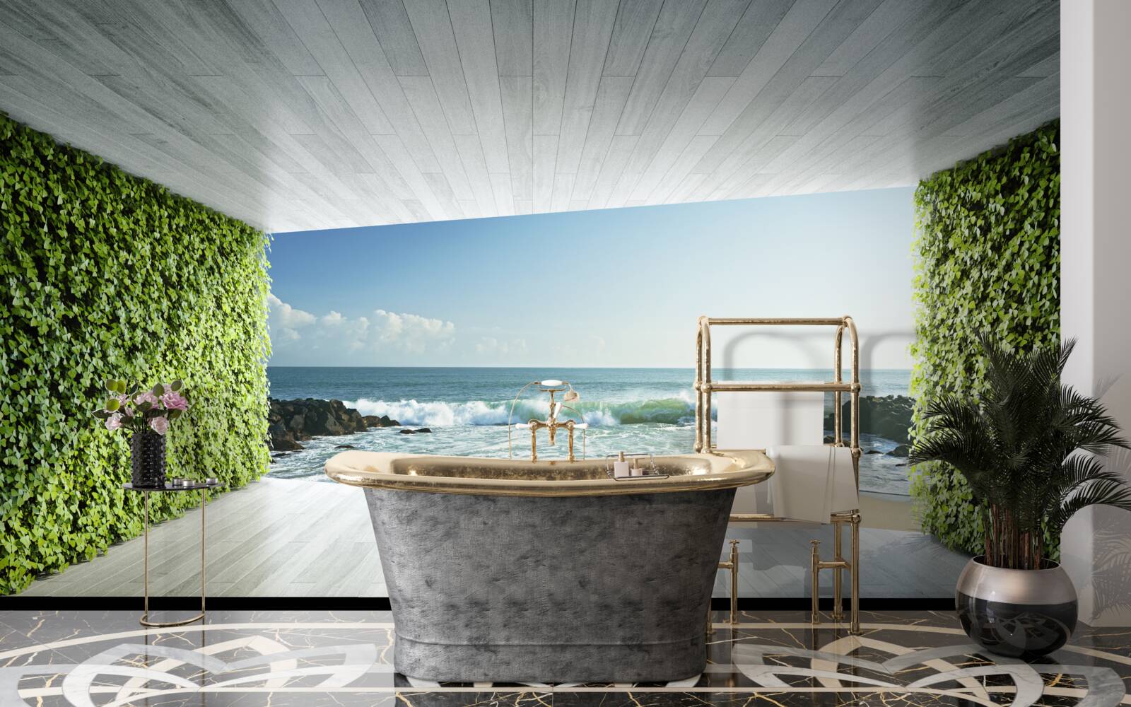 Carta da parati elegante balcone nei toni del verde con vista sulla costa