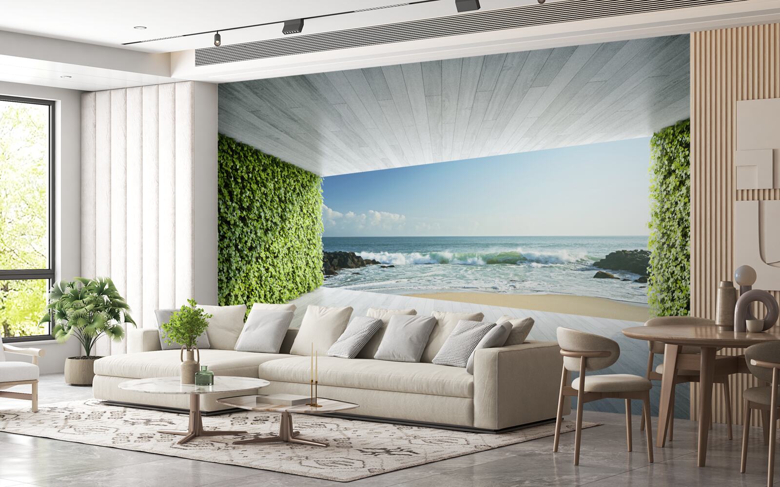 Carta da parati elegante balcone nei toni del verde con vista sulla costa