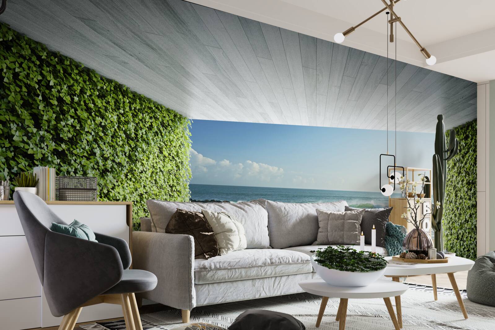 Carta da parati elegante balcone nei toni del verde con vista sulla costa