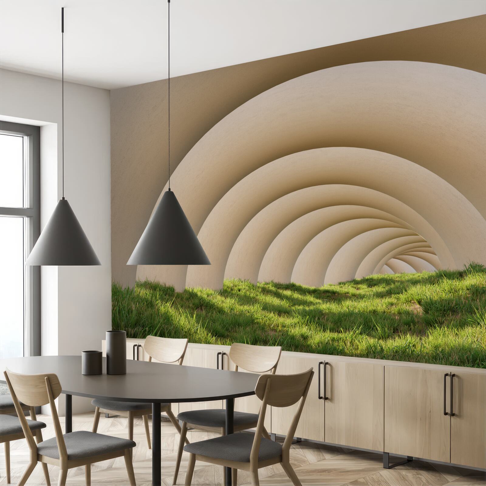 Carta da parati l'erba verde sotto le linee curve degli ampi archi