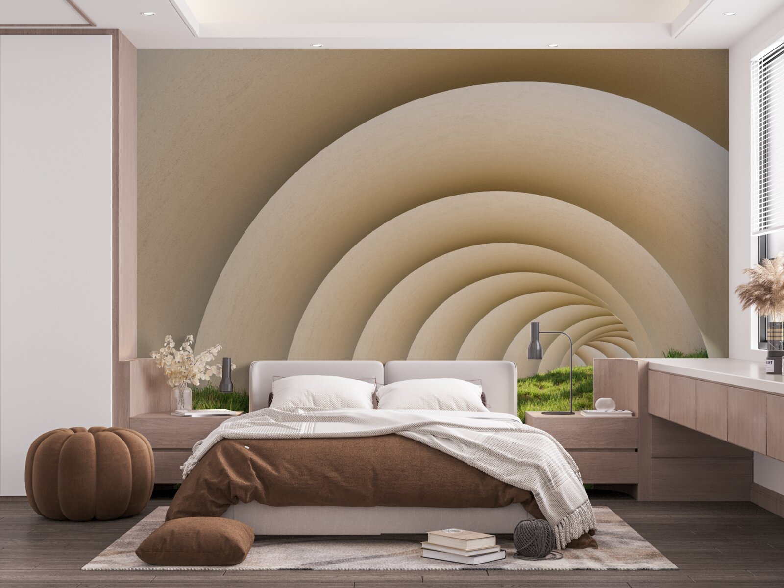 Carta da parati l'erba verde sotto le linee curve degli ampi archi