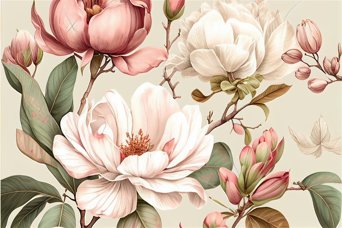 Carta da parati magnolie nei toni del rosso e del bianco sui rami